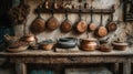 An antique kitchen scene features copper pots, pans, and rustic kitchenware, beautifully displayed against an aged, textured wall Royalty Free Stock Photo