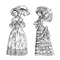 Antique ladies. Dame with umbrella. Victorian epoch. Ancient Retro Clothing. Women in Ball lace dress. Vintage engraving Royalty Free Stock Photo