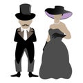 Antique lady and gentleman. Ancient retro clothing. A woman in a ball gown and a man in a tailcoat