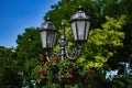 Antique lamppost in the park.Bright blooming flowers on the background.Beautiful city places.Copy space for text.Summertime Royalty Free Stock Photo