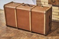 Antique large brown German coach travel wooden suitcase 19th century.