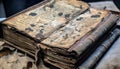 Antique leather book, stained pages, ancient wisdom generated by AI