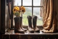 antique leather boots under raindrops on a windowsill