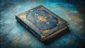 An antique leather-bound book with gilded accents rests on a dark textured surface. Generative AI Royalty Free Stock Photo