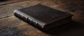 The antique leather-bound book resting on a rustic wooden table. AI generated image Royalty Free Stock Photo