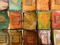 Antique leather-bound books handmade in a vintage shop in Tallinn tourist souvenirs