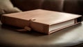 Antique leather bound hardcover book on table in library for studying generated by AI