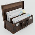 Antique leather briefcase containing neatly organized documents with visible tabs and sticky notes. Royalty Free Stock Photo