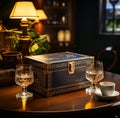 Antique leather and bronze box next to a glass of liquor