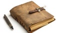 An antique leather journal with a clasp and a tactical pen beside it