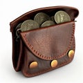 Antique leather purse full of antique coins isolated on white close-up, symbol of wealth Royalty Free Stock Photo