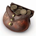 Antique leather purse full of antique coins isolated on white close-up, symbol of wealth, success,