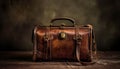 Antique leather suitcase, handle damaged, rustic elegance, adventure journey generated by AI