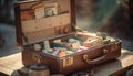 Antique leather suitcase on old furniture shelf generated by AI