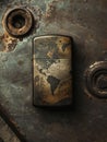 Antique lighter with a vintage world map design on a textured metal surface. Royalty Free Stock Photo