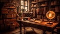 Antique literature collection on old fashioned wooden shelves generated by AI