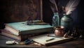 Antique literature on wooden table, quill pen generated by AI
