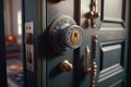 An antique lock on the front door. AI generation