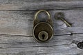 Antique lock with key on vintage wooden planks in close up layout