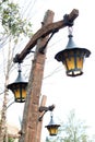 Antique looking lamps on a post closeup