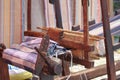 Antique loom made of wood at the exhibition. Royalty Free Stock Photo