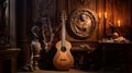 An antique lute ensconced in the corner of a dimly lit medieval chamber, the soft candlelight casting gentle shadows