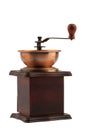 antique manual mechanical coffee grinder in a wooden case, isolated Royalty Free Stock Photo