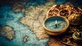 Antique map background with old fashioned compass, inspiring tales of adventure and exploration Royalty Free Stock Photo