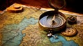 Antique map setting with old fashioned compass, evoking epic narratives of daring exploration Royalty Free Stock Photo