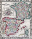 Antique map of Spain, France and Portugal Royalty Free Stock Photo