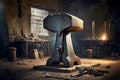 antique massive anvil stands on floor in blacksmith shop