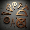 Antique measuring tools and drafting instruments made of copper, including calipers Royalty Free Stock Photo