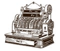 Antique mechanical cash register with open drawer, in three-quarter front view