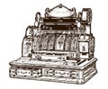 Antique mechanical cash register with an opened and a closed drawer, in three-quarter front view