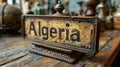 Antique metal letterpress type Algeria on an old wooden table in a flea market Royalty Free Stock Photo