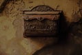 Antique metal post box with floral decorations on old peeled plaster dirty dark brown wall Royalty Free Stock Photo