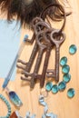 Antique Metal Skeleton Keys With Peacock Feathers