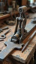 Antique metal vice on workbench in rustic workshop Royalty Free Stock Photo