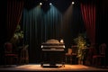 an antique microphone on a stage with a piano and velvet curtains behind