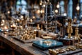 Antique Microscope on Wooden Table in Workshop Royalty Free Stock Photo