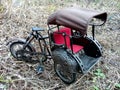 an antique miniature rickshaw classic parked on dead and yellowed grass