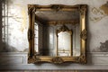 Antique Mirror with Intricate Gold Frame in Rustic Style Reflecting a Vintage Room\'s Decor