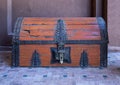 Antique Moroccan wooden chest inside the Kasbah Tamadot, Sir Richard Branson`s Moroccan Retreat.
