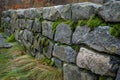 Antique mortared stone wall with moss growing, blending history and nature. AI generated. Royalty Free Stock Photo