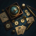 Antique navigational instruments on display include a variety of brass tools such as Royalty Free Stock Photo