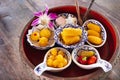 Antique nine auspicious thai desserts and many local sweets snacks thai retro vintage style for travelers people guest customer