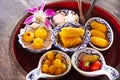 Antique nine auspicious thai desserts and many local sweets snacks thai retro vintage style for travelers people guest customer