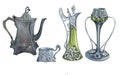 Art Nouveau Antique Silver Objects,Decorative Vase, Decanter, Mug, Goblet .Retro, antiquity, museum valuables.