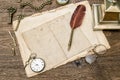 Antique office supplies and accessories, used paper, feather pen