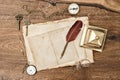 Antique office supplies accessories Vintage used paper feather p Royalty Free Stock Photo